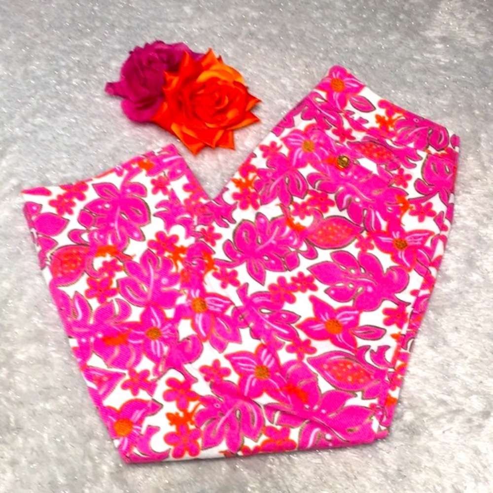 Floral capri pants bright pink orange Lilly Pulitzer